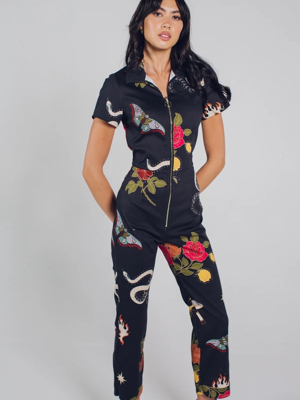 Lenni the Label Medium Black Floral Butterfly Nature Motif Short SleeveJumpsuit